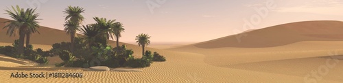 Beautiful oasis in the sandy desert, panorama of the desert landscape, sunset over the sands, 3D rendering