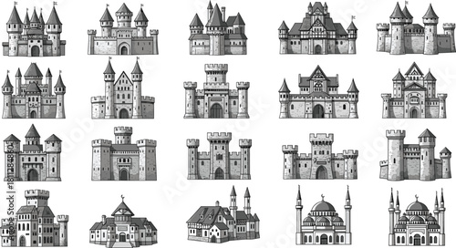 Medieval Castle and Palace Vector Set, Historical Architecture, Fortress, Kingdom, and Monument Buildings Collection for Gaming, Books, and Graphic Design.