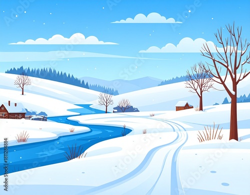 Winter countryside scene with white snow on fields and hills, frozen river, road and 