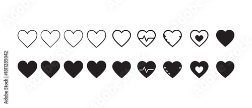 Heart Line and Solid Icons Set - Health, Love, Rating, and Life Bar Symbols
