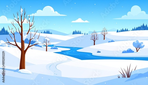 Winter countryside scene with white snow on fields and hills, frozen river, road and 