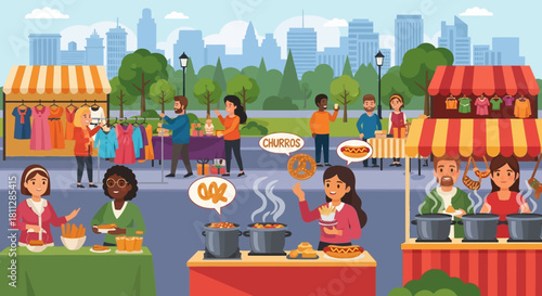 Street market scene with vendors selling food, clothes, and various items in a city park