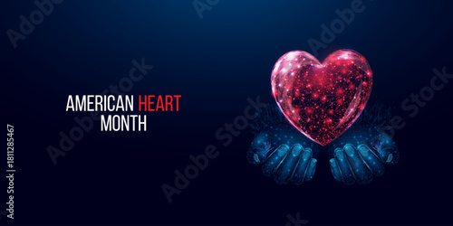 American heart month concept. Wireframe low poly style.   Abstract modern 3d vector illustration on dark blue background.