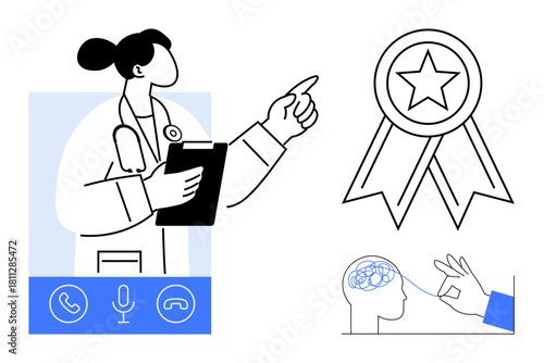 Doctor holding clipboard, illustrating mental health concepts, award ribbon, virtual interaction icons. Ideal for healthcare, telemedicine, mental wellness, online connection, recognition expertise