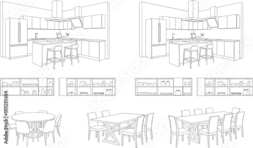 Modern Kitchen, Dining Room, and Furniture Line Art Vector Set, Interior Design Elements, Architectural Blueprint Style Outline Drawing Collection for Plans.