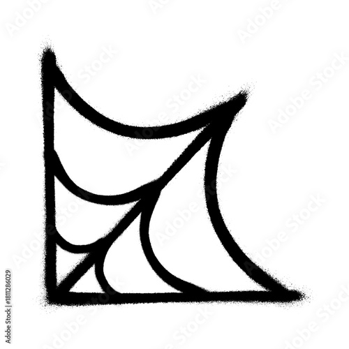 A drawing of a part of a spider web with black spray paint on a white background