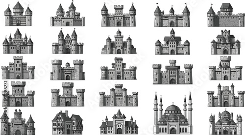 Monochrome vector illustration set of medieval castles, fortresses, and fantasy palaces, featuring various architectural styles, towers, and battlements, representing history, defense, and royalty.