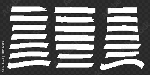 Set of white grunge paint brush strokes on transparent background.