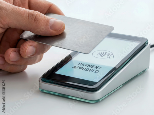 Hand holding contactless metal card near payment terminal screen displaying payment approved isolated on white background