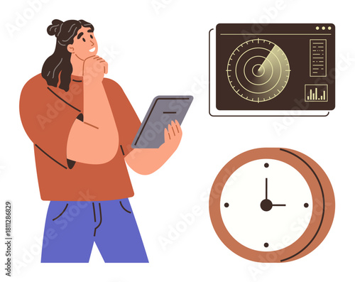 Woman with tablet observing radar screen and clock, representing analysis, technology, navigation, time management, strategy, data monitoring, and planning. Ideal for research logistics and simple