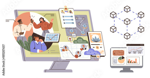 Team communicating, data charts, digital screens, blockchain mapping. Ideal for teamwork, analytics, technology, strategy innovation visualization education. A simple flat metaphor