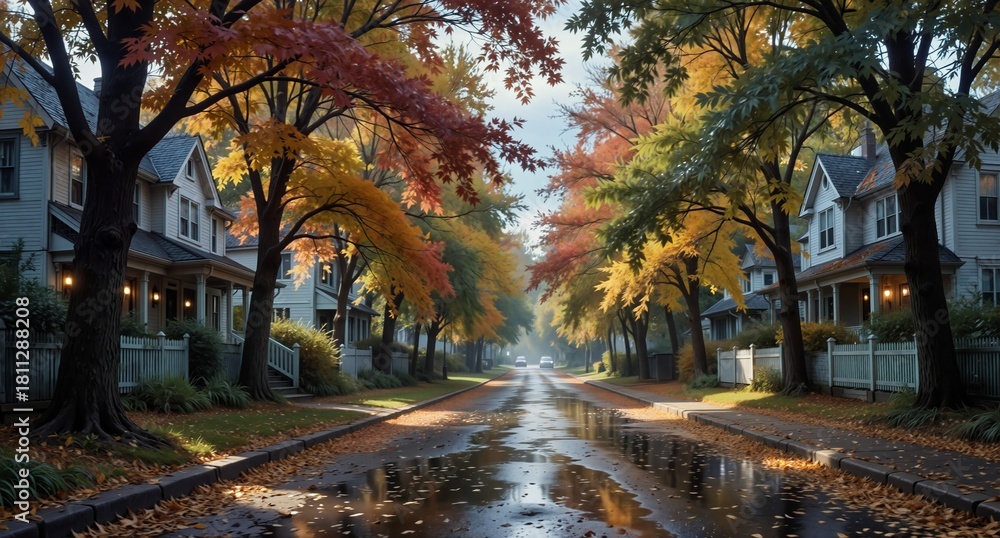 Naklejka premium autumn street in quiet residential neighborhood with colorful trees and wet pavement after rain.