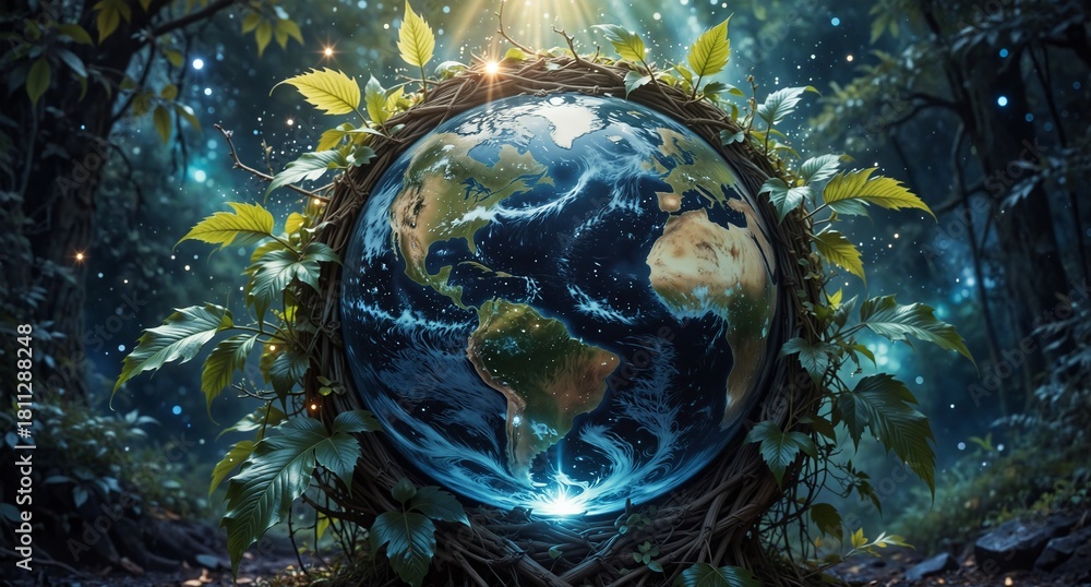 Fototapeta premium magical earth protected by lush forest roots and glowing foliage, environmental conservation concept.