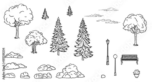 Trees and Fir trees, a bench and lanterns, a set of silhouettes, sketch. Lawn bushes in park, isolated on a white background. For postcards, invitations, for printing on textiles. Vector illustration