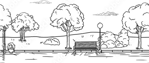 Grassy lawn and road, trees and bushes, seamless pattern, sketch. A park lamp and bench, an isolated drawing in simple style on a white background. Vector illustration.