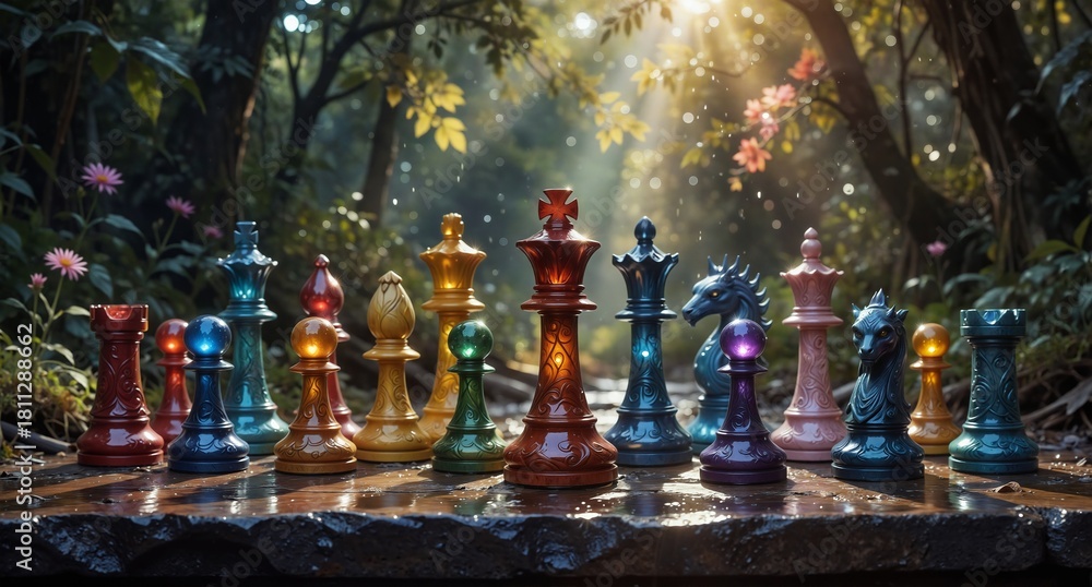 Naklejka premium colorful chess pieces arranged in a lush forest setting with dramatic lighting and bokeh.