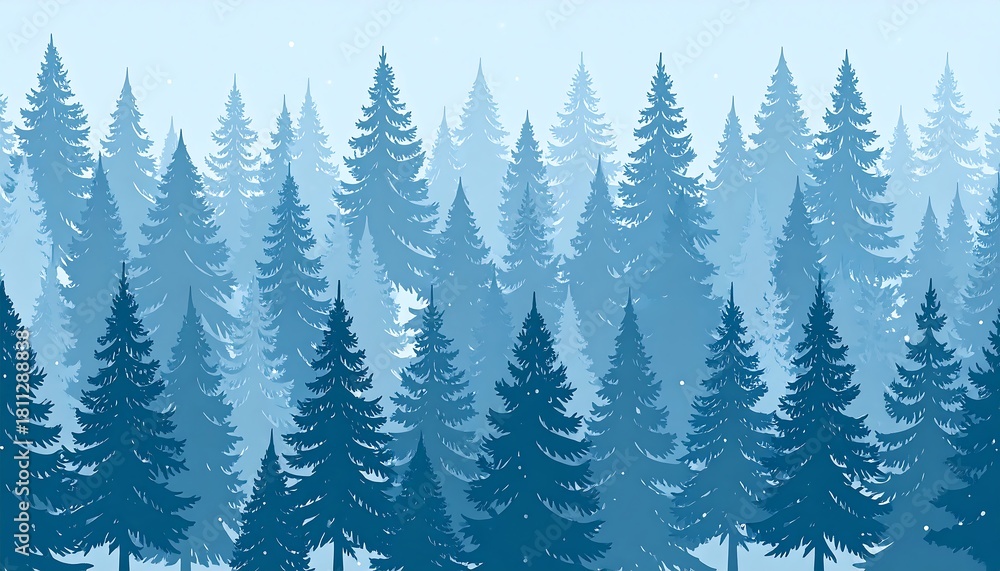 Fototapeta premium Dense evergreen forest displays layered blue silhouettes against a light sky.