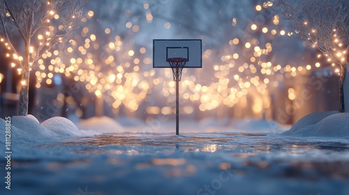 A serene winter basketball court illuminated by glowing lights and soft snow.