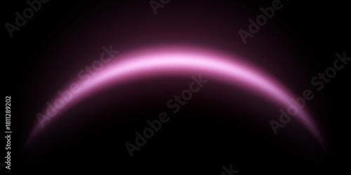 Pink magic arch with glowing particles, sunlight lens flare. Neon realistic energy flare arch.  Abstract light effect on a black background. Vector illustration.
