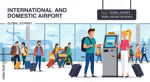 Airport Scene with Travelers, Taxi, and Booking Kiosk