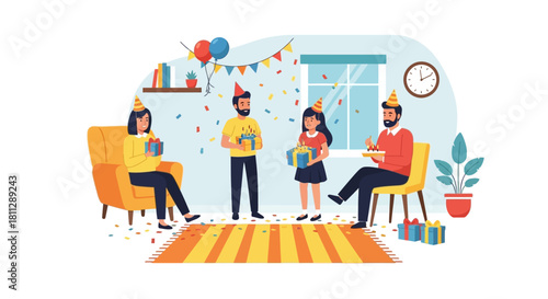 Family Birthday Party Celebration with Gifts, Balloons, and Festive Decorations at Home