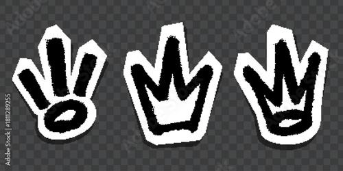 Graffiti-style black crown and symbol stickers with white outlines on dark background.