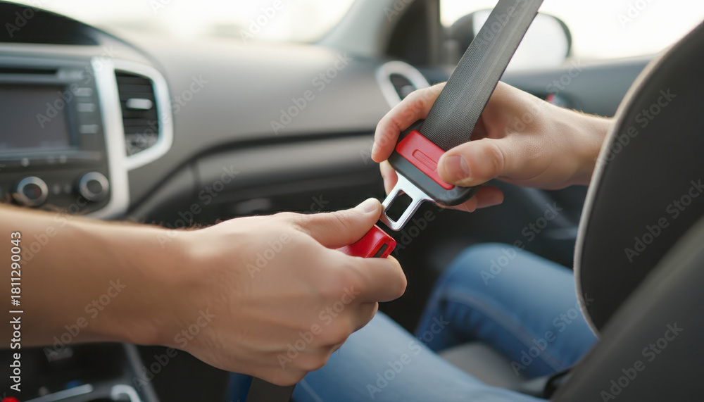Obraz premium Closeup of two peoples hands fastening a car seat belt buckle inside a vehicle for safety and protection during travel