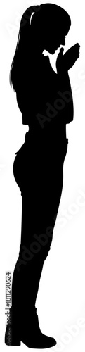 Black silhouette of a surprised woman covering her face with her hands without background.