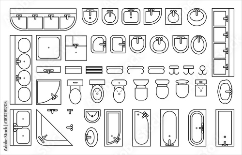 bathroom sanitary ware icons set 2, architectural elements of sanitary graphics of washbasins, sink, bathtub, hangers, urinals, toilets, taps top view 