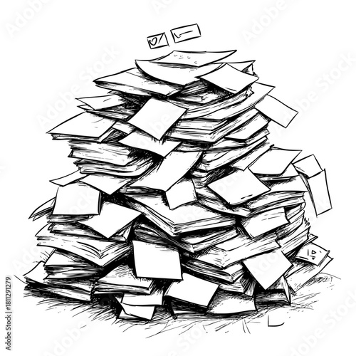 Chaotic pile of disorganized papers and documents stacked high