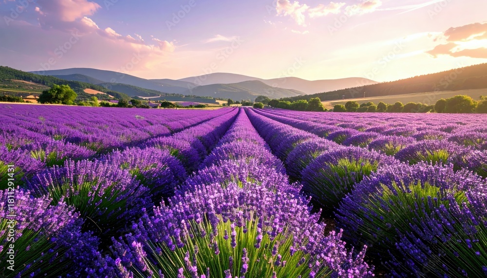 Naklejka premium A picturesque landscape of a sprawling lavender field stretching towards rolling hills under a soft, golden sunset.