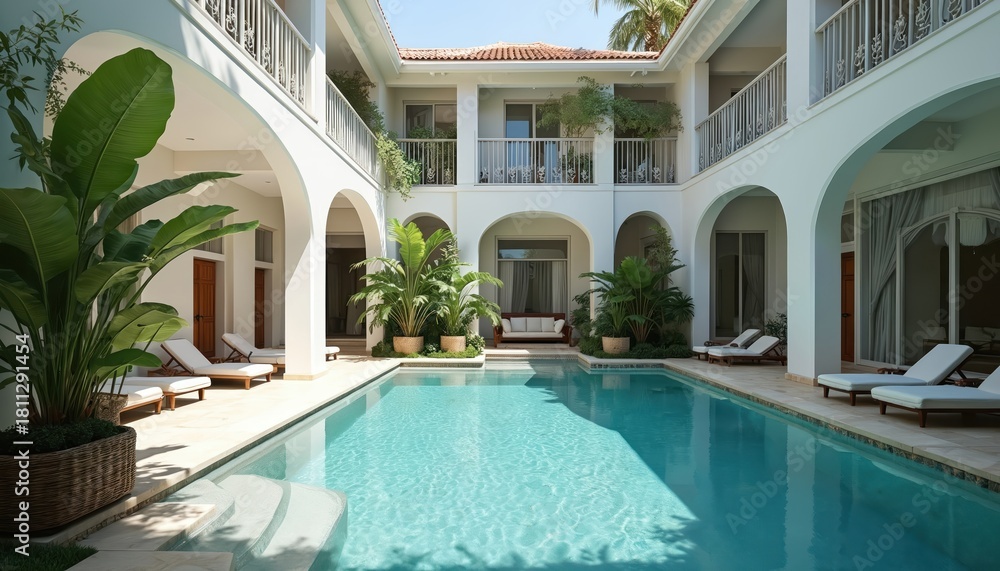 Obraz premium Luxury resort courtyard features clear blue swimming pool surrounded by white modern architecture. Lounge chairs and tropical plants create serene vacation ambiance. Sunny day.
