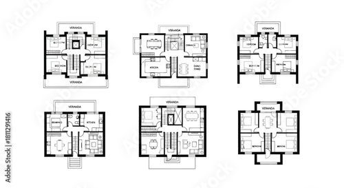 Architectural floor plans showcasing layouts of multiple townhouses or small homes