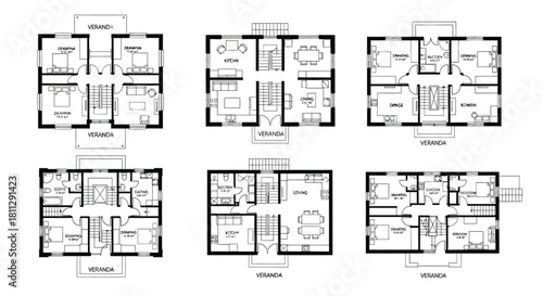Architectural floor plans for a residential building showing layouts and room arrangements