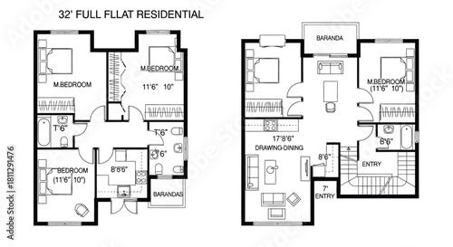 Detailed architectural floor plans showcasing a two story residential building layout
