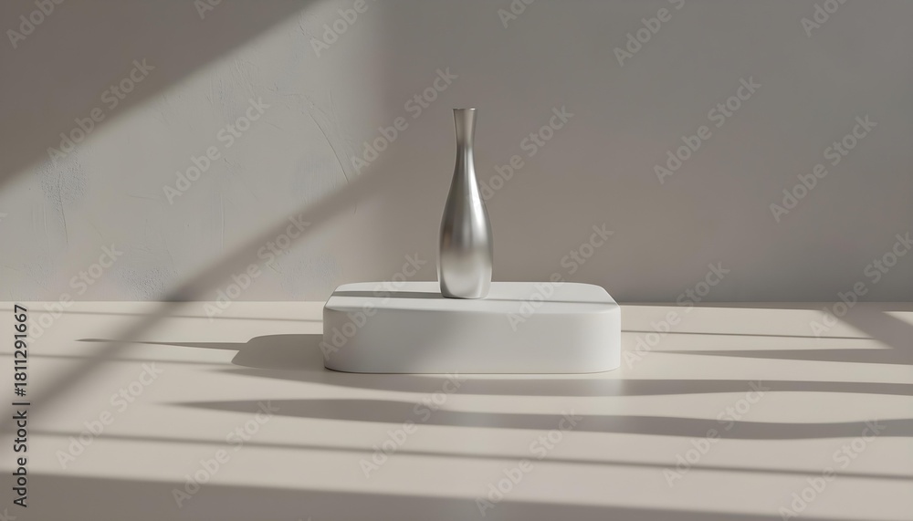 Fototapeta premium Minimal ceramic vase on white pedestal with soft sunlight