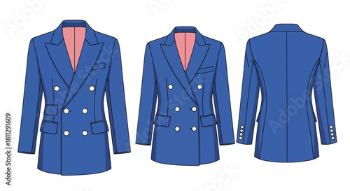 Illustration of a blue double breasted suit jacket front and back views