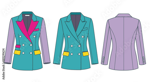 Fashion design sketch of a double breasted blazer with color block details