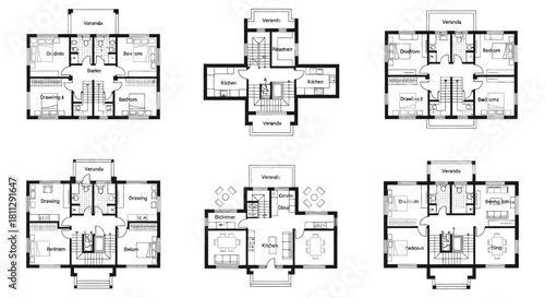 Architectural floor plans displaying layouts for multiple townhouses and buildings