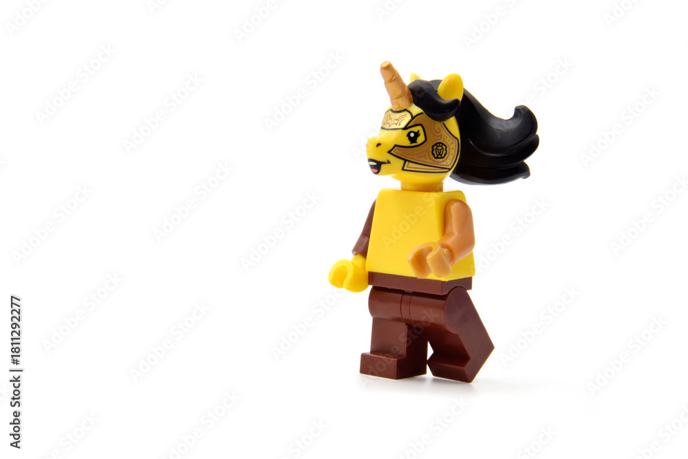Obraz premium Editorial illustrative image of lego minifigure of unicorn isolated on white.