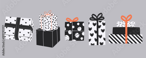 Set of Birthday Gift Boxes with Patterns and Bows