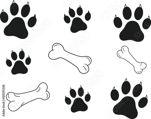 Dog paw prints and bones seamless vector pattern