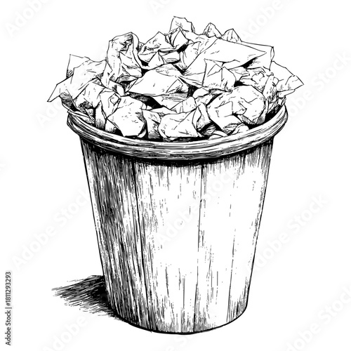 Detailed sketch of a full trash bin overflowing with crumpled paper