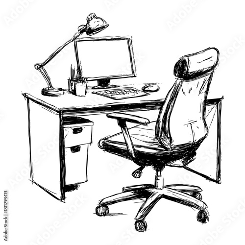 Minimalist sketch of a modern office desk setup