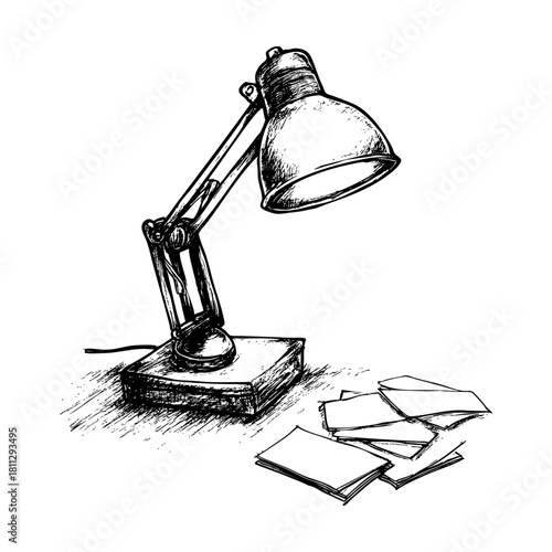 Sketch of a desk lamp illuminating scattered sheets of paper