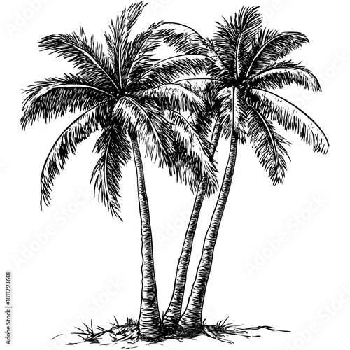 Three palm trees with detailed leaves and textured trunks