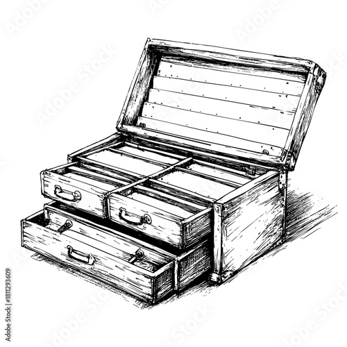 Wooden storage box with multiple compartments and drawers open