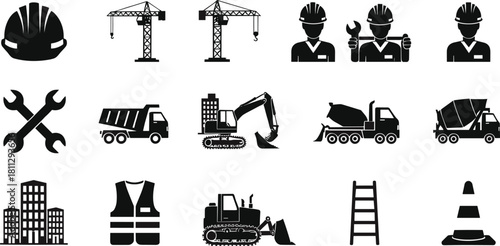 Black Construction Site Icons Set: Workers, Safety Equipment, Machinery, Dump Trucks, Crane, Building, Engineering, Development, and Tools Vector Illustration