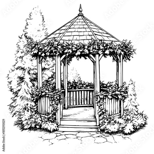 Beautifully illustrated wooden gazebo surrounded by lush greenery