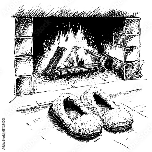 Cozy slippers placed in front of a warm fireplace